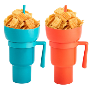 Square Beverage Cola Cinema 2-in-1 Snack & Drink Cup Plastic Popcorn Cup with Snack Tray Bowl Straw for One-Handed On-The-Go Usage