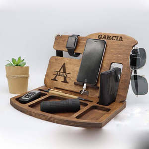 Wooden Phone Docking Station Key Watch Organizer Nightstand Organizer, Cell Phone Stand for Dad Husband Birthday Graduation Xmas