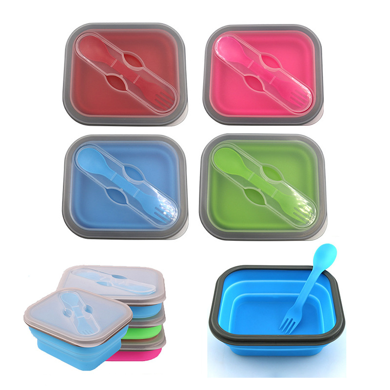 Silicone Lunch Box With Spoon & Fork Collapsible Food Storage Container with Clip-on Lid 20 oz