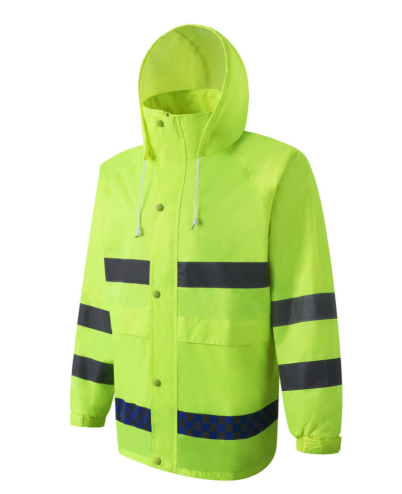 Safety Rain Jacket Waterproof Reflective High Visibility with Detachable Hood and Interior Mesh
