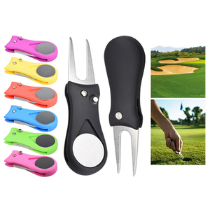 2-in-1 Foldable Golf Divot Repair Tool With Pop-up Button Stainless Steel Switchblade & Detachable Magnetic Golf Ball Marker