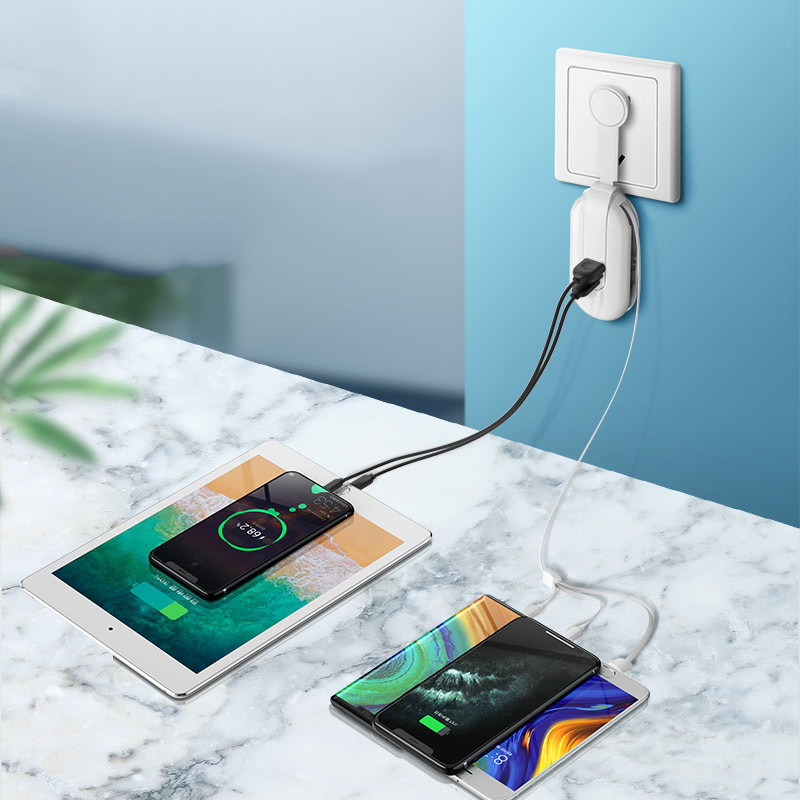 Multiport USB Power Adapter Wall Charger 2-Port Fast Charger Plug With Retractable 3-in-1 Charging Cable