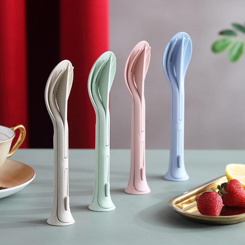 Wheat Straw Cutlery Eco-Friendly Reusable Utensils for Travel Portable 3 in 1 Set Flatware with Spoon Fork and Knife