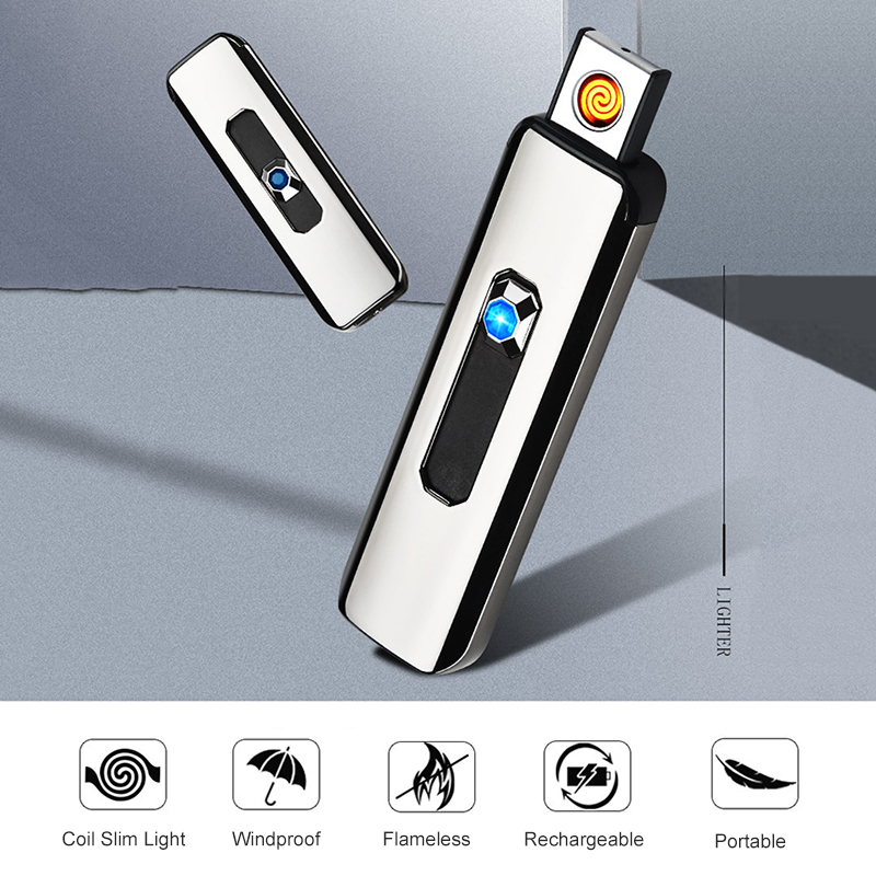 Rechargeable Touch Ignition USB Charging Electronic Windproof Coil Slim Lighter for Candle, Cigarette Power Indicator Flameless