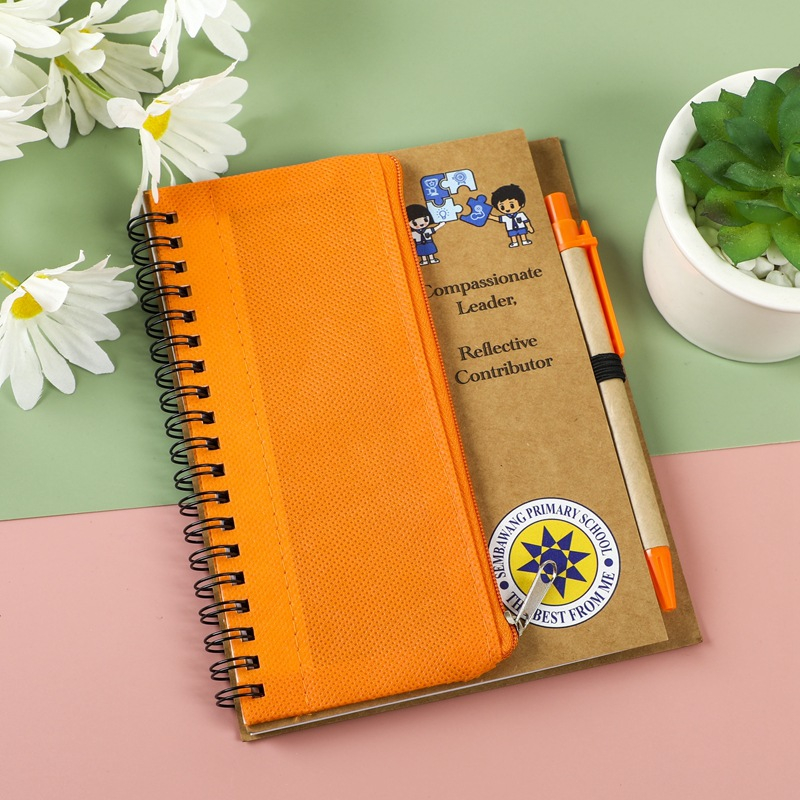Kraft Paper Custom Mini Spiral Notebook Journal with Black Ink Pens and Pencil Case Bag