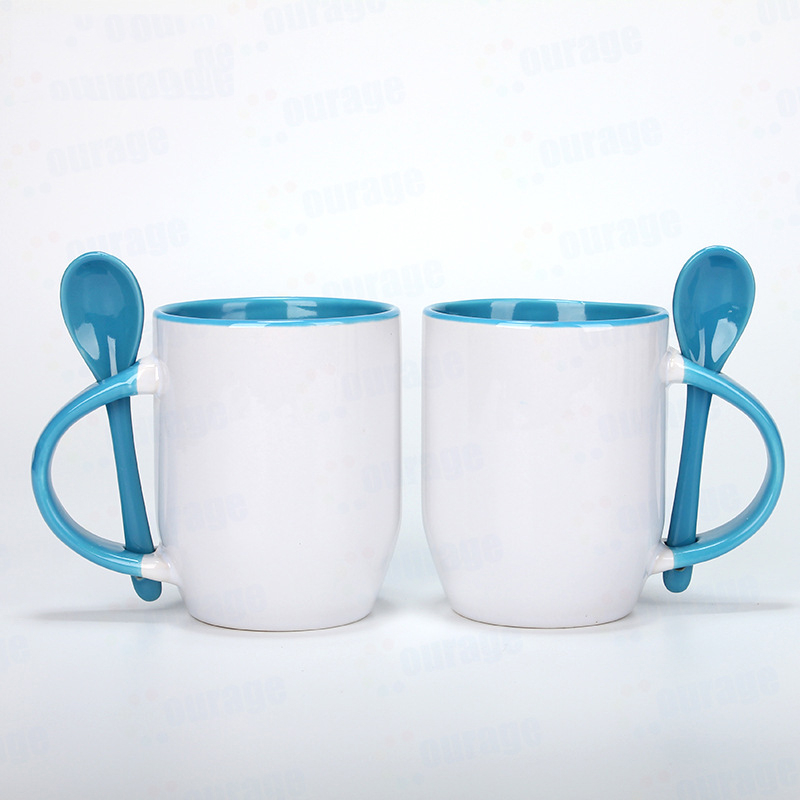 Porcelain Mug And Spoon Set With Built In Spoon Rest Handle 12oz Coffee Tea Drink Cup Mugs