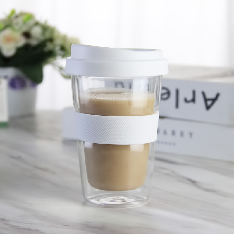 Double Wall Glass Tumbler Reusable Coffee & Tea Cup 12oz Insulated Travel Mug with Anti-Splash Silicone Lid