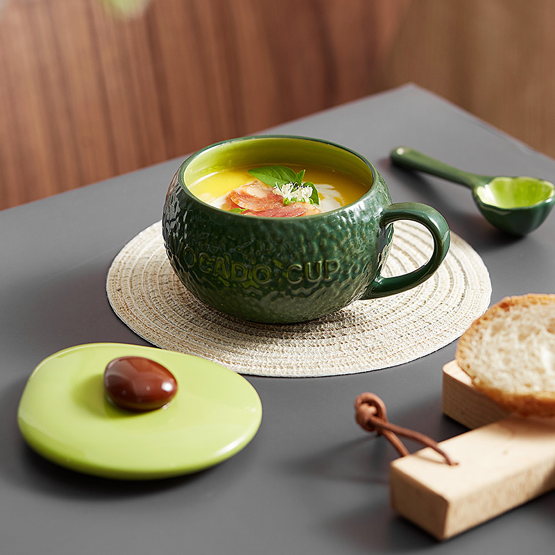 Ceramic Mug Coffee Cup Porcelain Mug With Lid Spoon And Handle-Avocado Creative Cute Cartoon Water Cup
