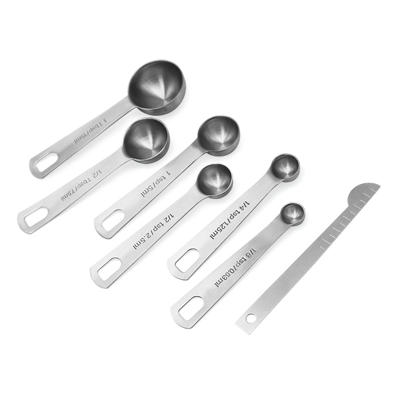 Heavy Duty Stainless Steel Metal Measuring Spoons for Dry or Liquid Fits in Spice Jar Set of 6 with bonus Leveler