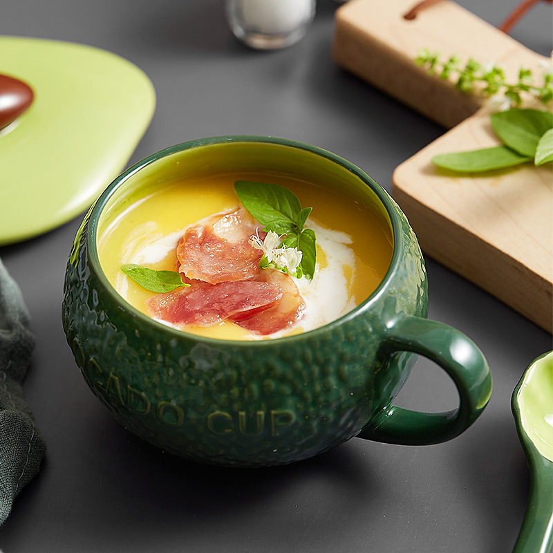 Ceramic Mug Coffee Cup Porcelain Mug With Lid Spoon And Handle-Avocado Creative Cute Cartoon Water Cup