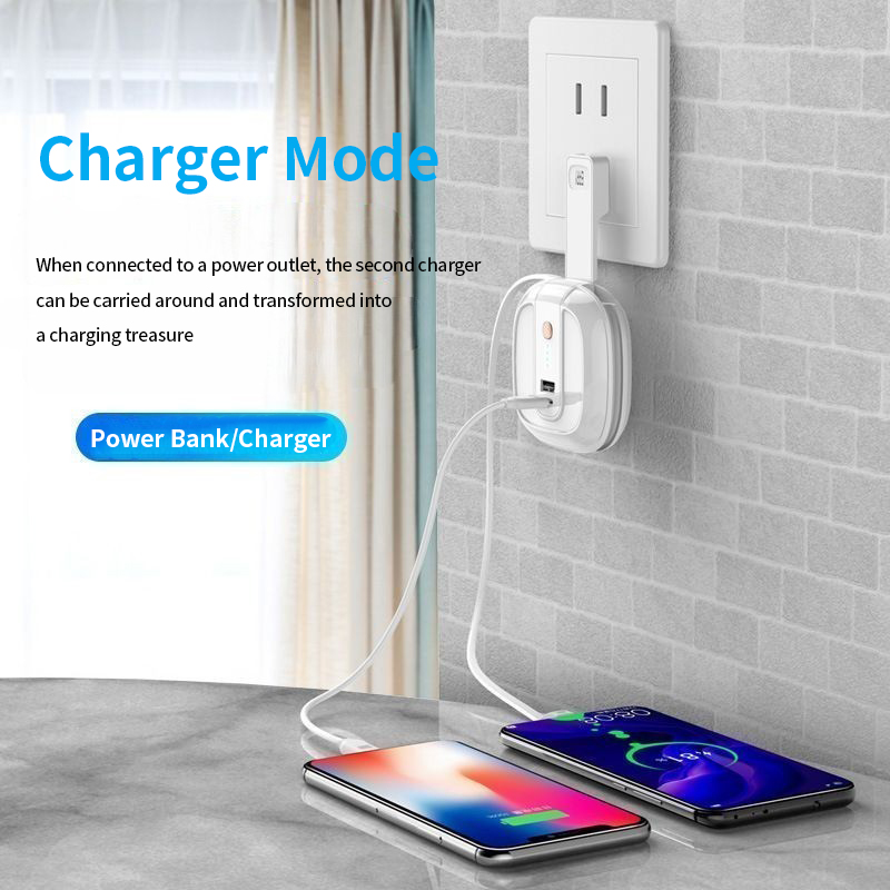 Portable Charger Power Bank Foldable AC Wall Plug With A Hidden Built-in USB Cable & Lightning Connector, Type C Connector