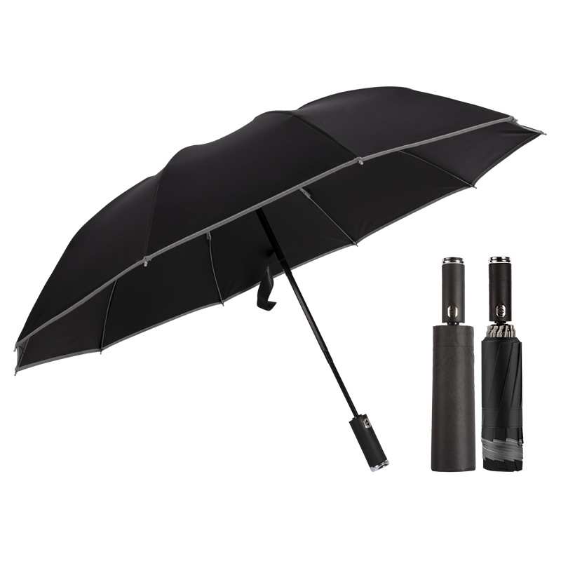 Travel Automatic Open Close Umbrella LED Flashlight Handle Umbrella Safe Reflective Frame Windproof Water Resistant Foldable Umbrella