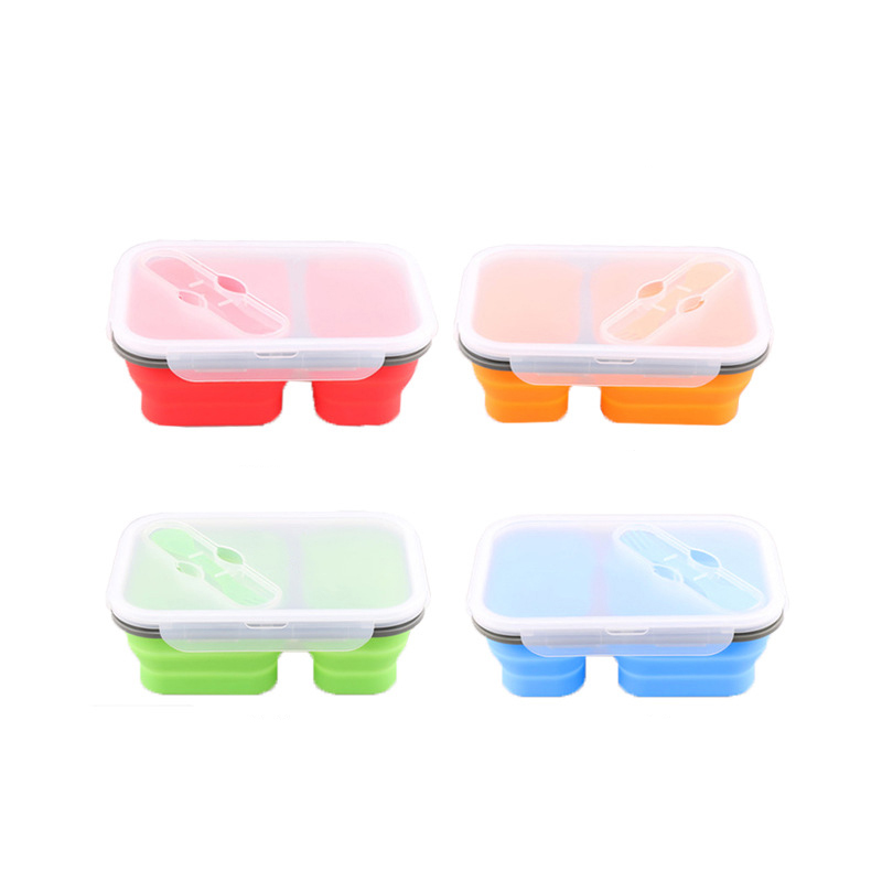 Silicone Foldable 2 Compartment Lunch Box Outdoor Portable with Spoon Silicone Outdoor Portable With Spoon